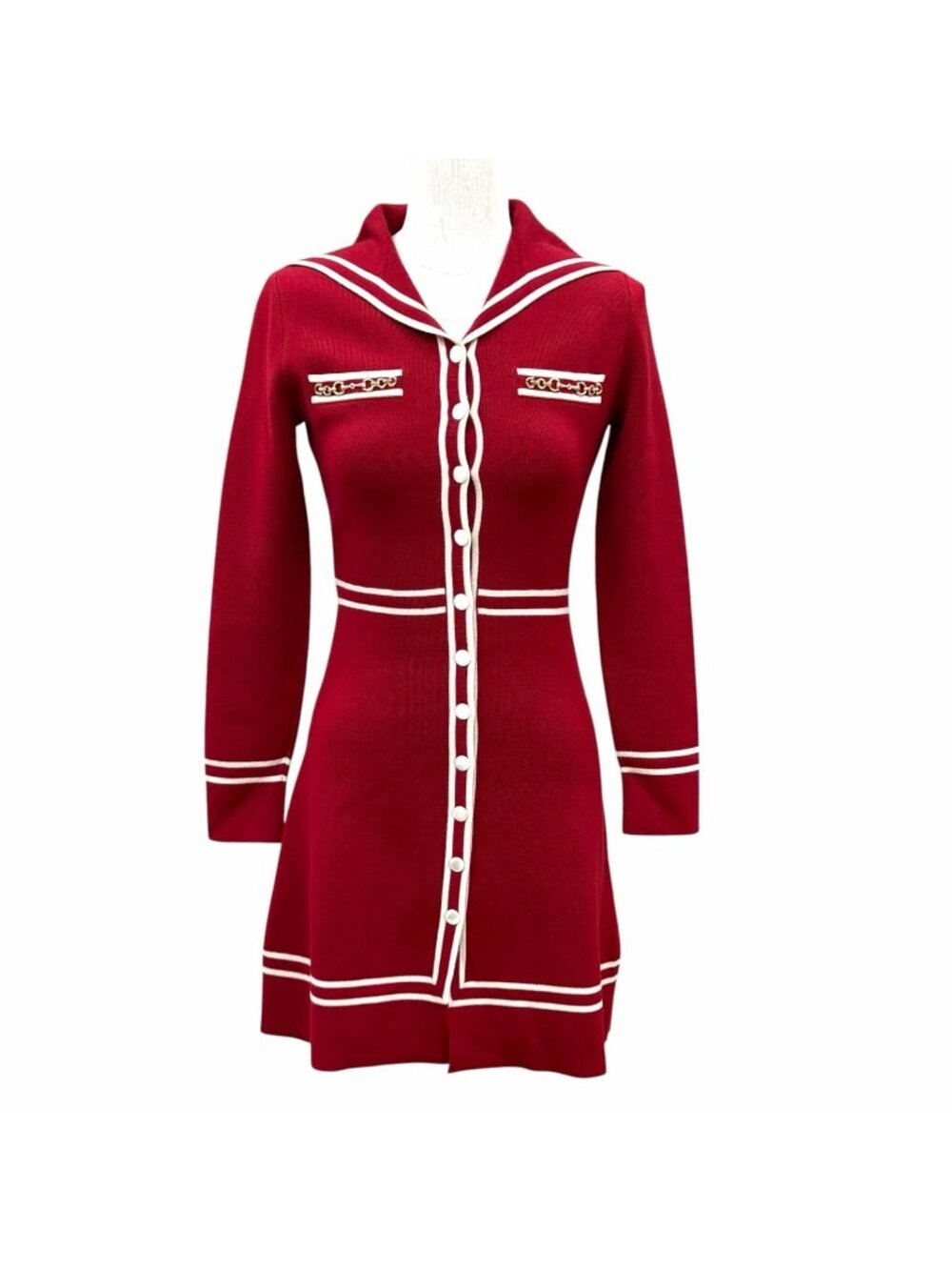 Gucci Wool 100% Horsebit Contrast Trim Dress Red White